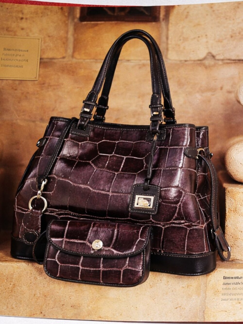 New, D&B Crocodile-Embossed Double Strap Tassel Tote Bag - Picture 3 of 16